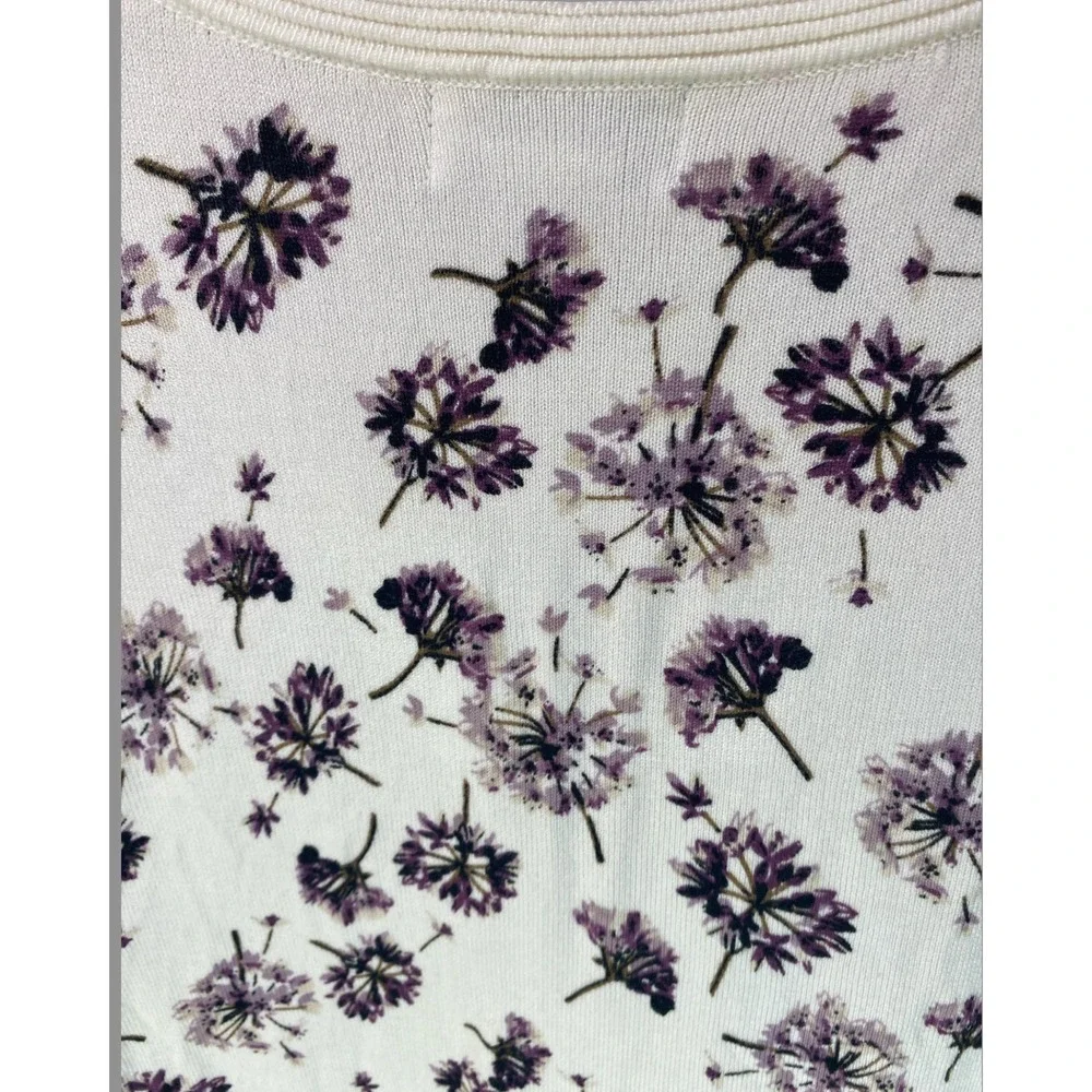 Carmen Marc Valvo Womens Floral‎ Snap Front Cardigan White Purple 3/4 Sleeve S